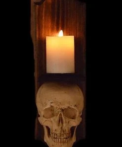 Skeletons And More "Classic Skull Wall Sconce Style II W/ Ivory Flameless Candle" Haunted House Lighting