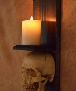 Skeletons And More "Classic Skull Wall Sconce Style II W/ Ivory Flameless Candle" Haunted House Lighting