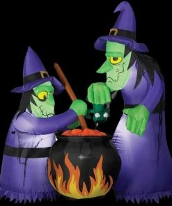 Morris "Double Witch And Cauldron" Animated Air-blown Inflatable Decoration - 6 Foot Tall