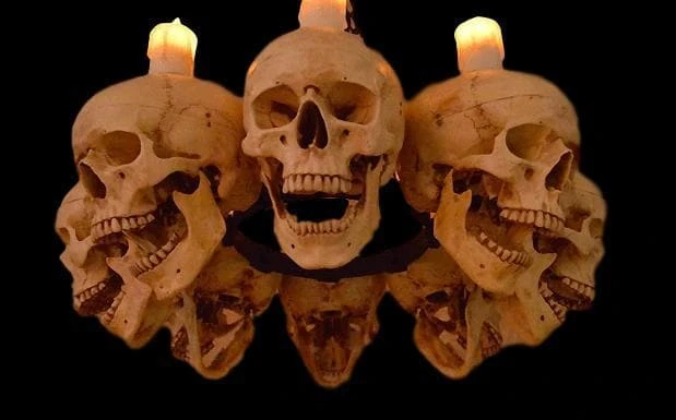 Skeletons And More Decorations "Skull Chandelier With 8 Skulls And Flameless Candles" Haunted House Lighting 1 Skeletons And More Decorations "Skull Chandelier With 8 Skulls And Flameless Candles" Haunted House Lighting