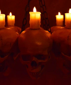 Skeletons And More Decorations "Skull Chandelier With 8 Skulls And Flameless Candles" Haunted House Lighting