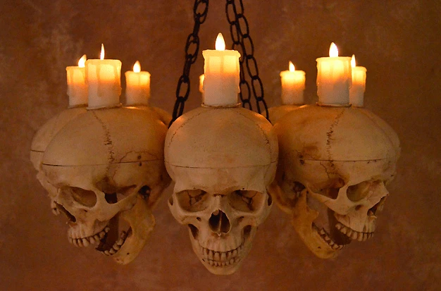 Skeletons And More Decorations "Skull Chandelier With 8 Skulls And Flameless Candles" Haunted House Lighting 3 Skeletons And More Decorations "Skull Chandelier With 8 Skulls And Flameless Candles" Haunted House Lighting